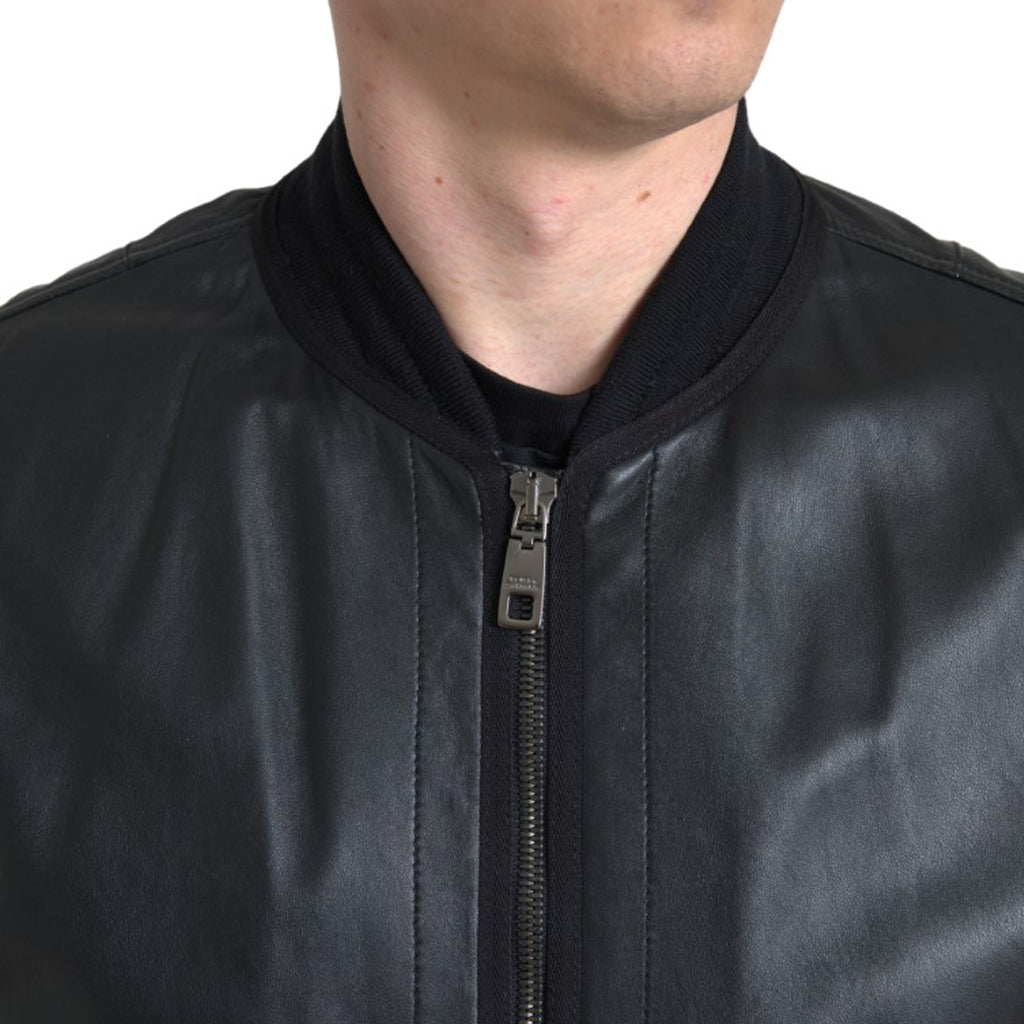 DOLCE & GABBANA Elegant Black Leather Bomber Jacket