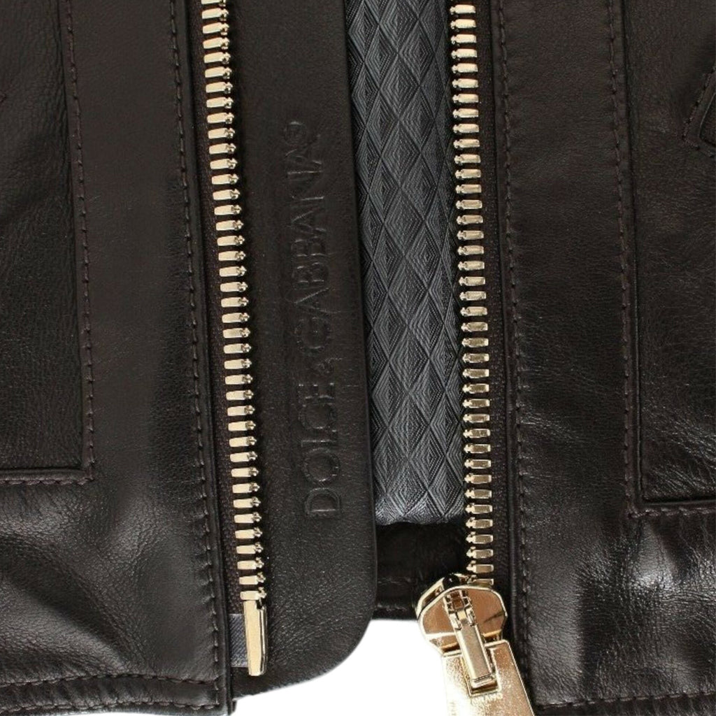 DOLCE & GABBANA Elegant Brown Gold-Detailed Leather Jacket