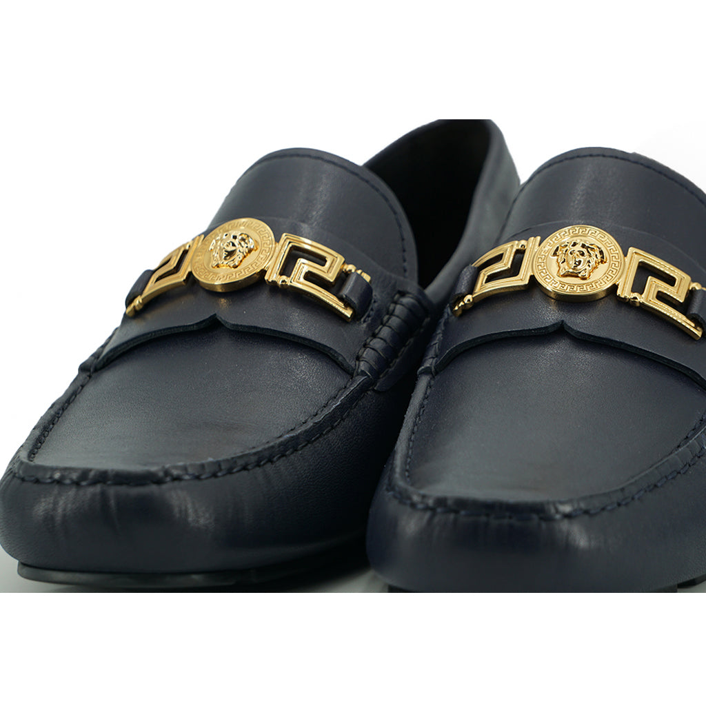 VERSACE Navy Blue Calf Leather Loafers Shoes