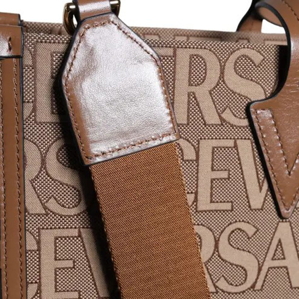Versace Brown Top Handle Jacquard Leather Logo Crossbody Tote Bag