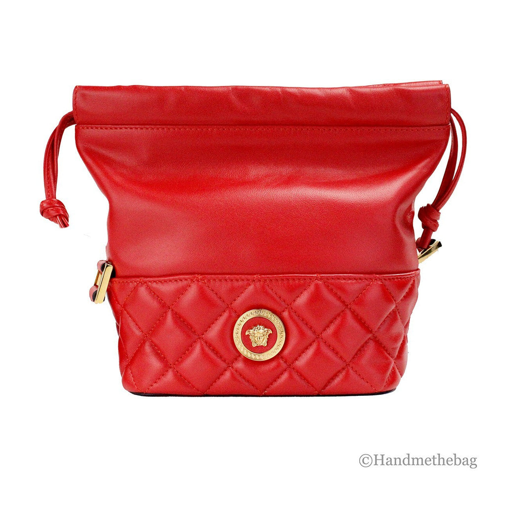Versace Red Quilted Leather Drawstring Shoulder Bag Bucket Crossbody Handbag