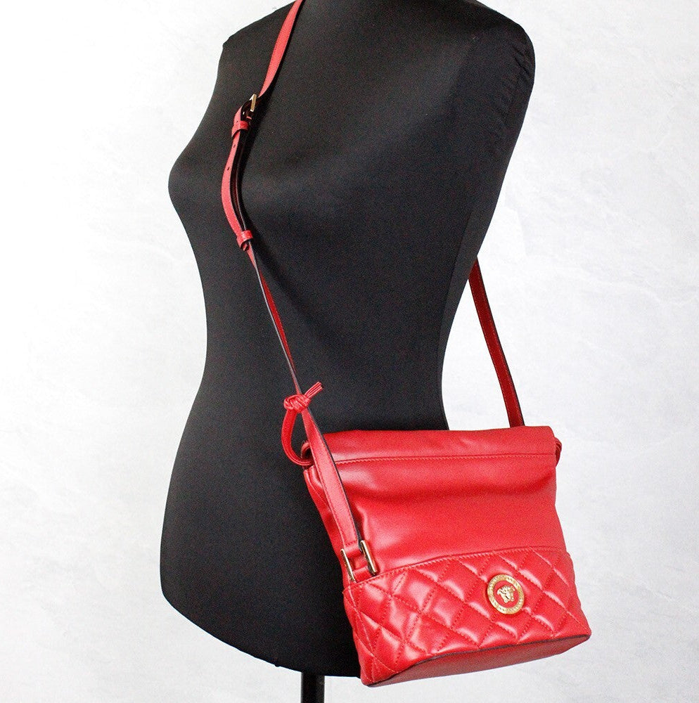 Versace Red Quilted Leather Drawstring Shoulder Bag Bucket Crossbody Handbag