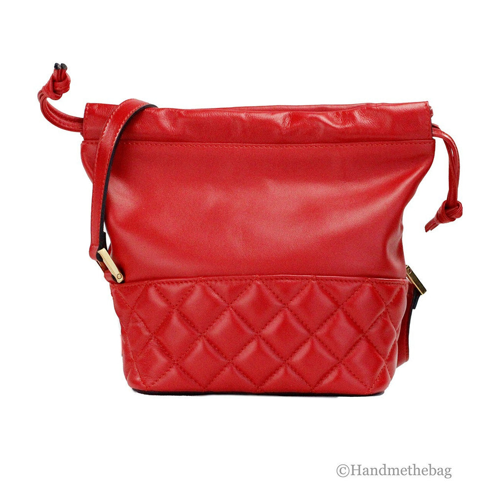 Versace Red Quilted Leather Drawstring Shoulder Bag Bucket Crossbody Handbag