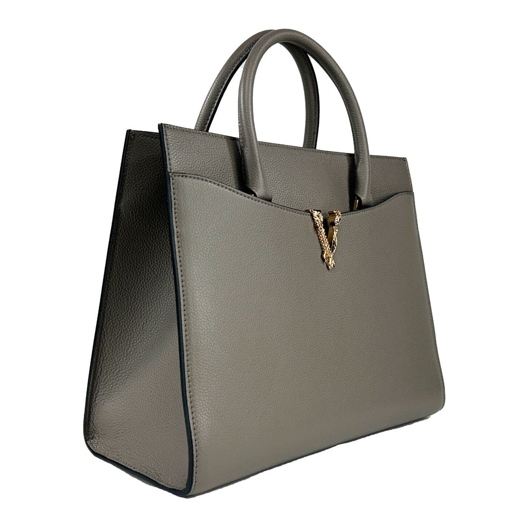 Versace Virtus Large Leather Top Handle Satchel Bag Tote Gray
