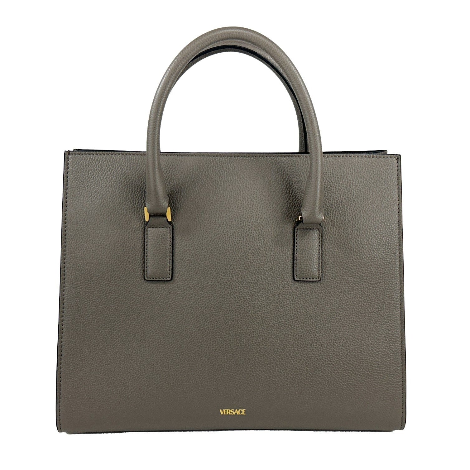 Versace Virtus Large Leather Top Handle Satchel Bag Tote Gray