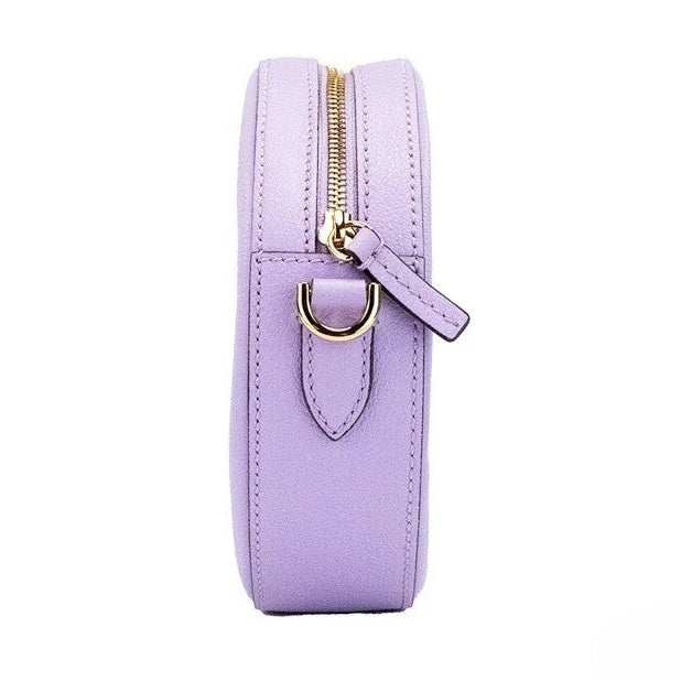 Versace Round Disco Lilac Pebbled Leather Camera Case Crossbody Bag Purse