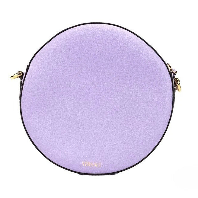 Versace Round Disco Lilac Pebbled Leather Camera Case Crossbody Bag Purse