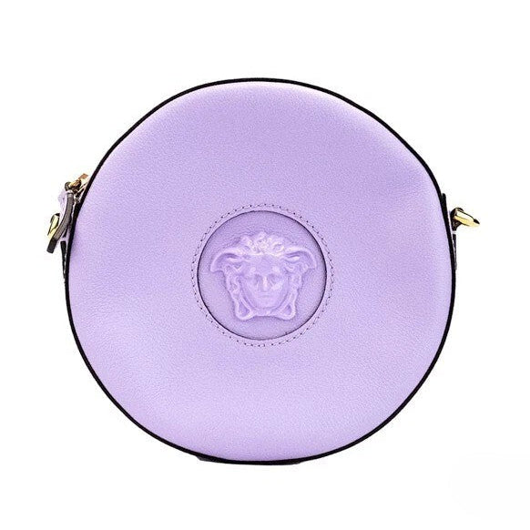 Versace Round Disco Lilac Pebbled Leather Camera Case Crossbody Bag Purse