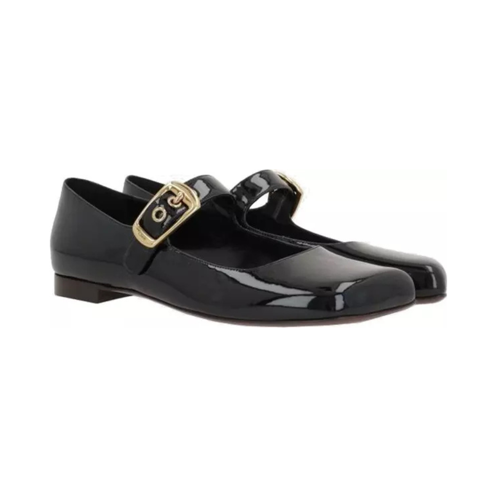 Chloé - Women's Black Calfskin Ballet Flats - Gold Buckle Edition