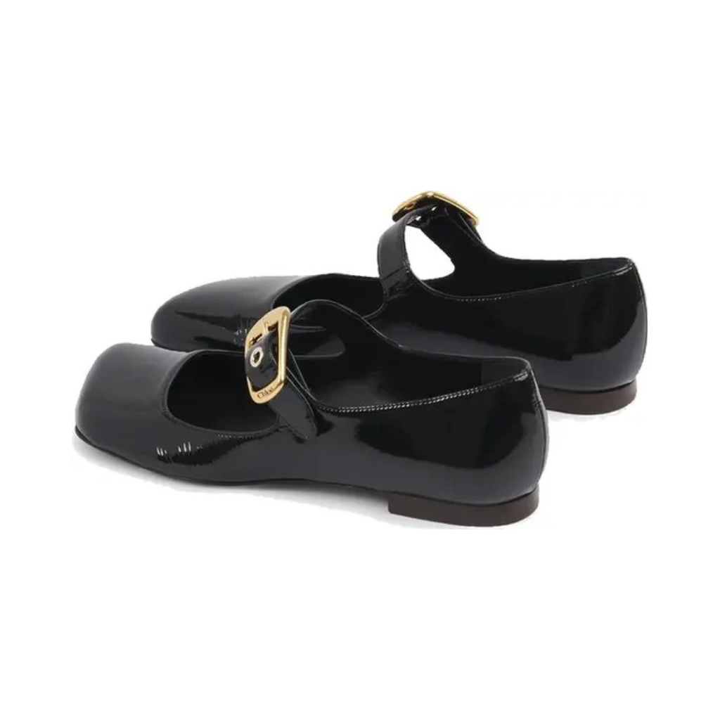 Chloé - Women's Black Calfskin Ballet Flats - Gold Buckle Edition