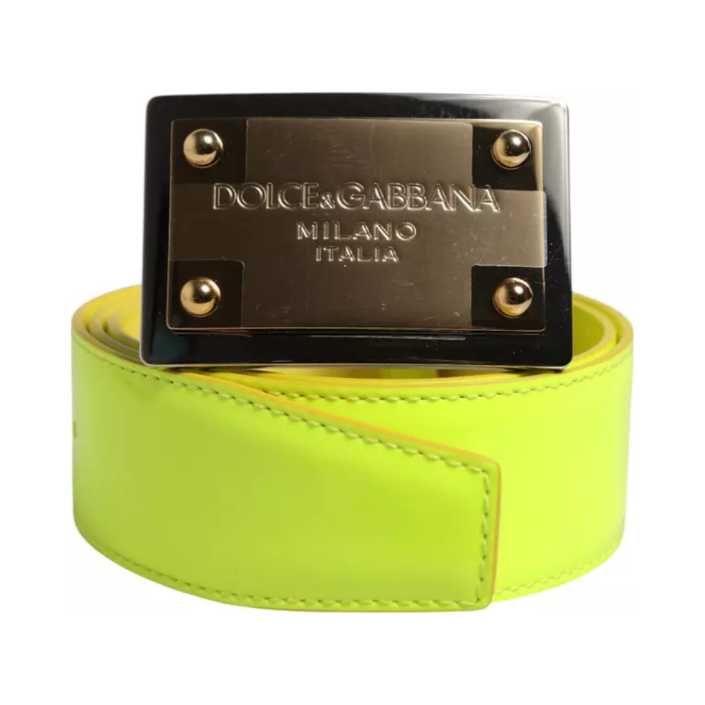 Dolce & Gabbana - Cintura in Pelle Giallo Neon con Placca Logo Milano Italia
