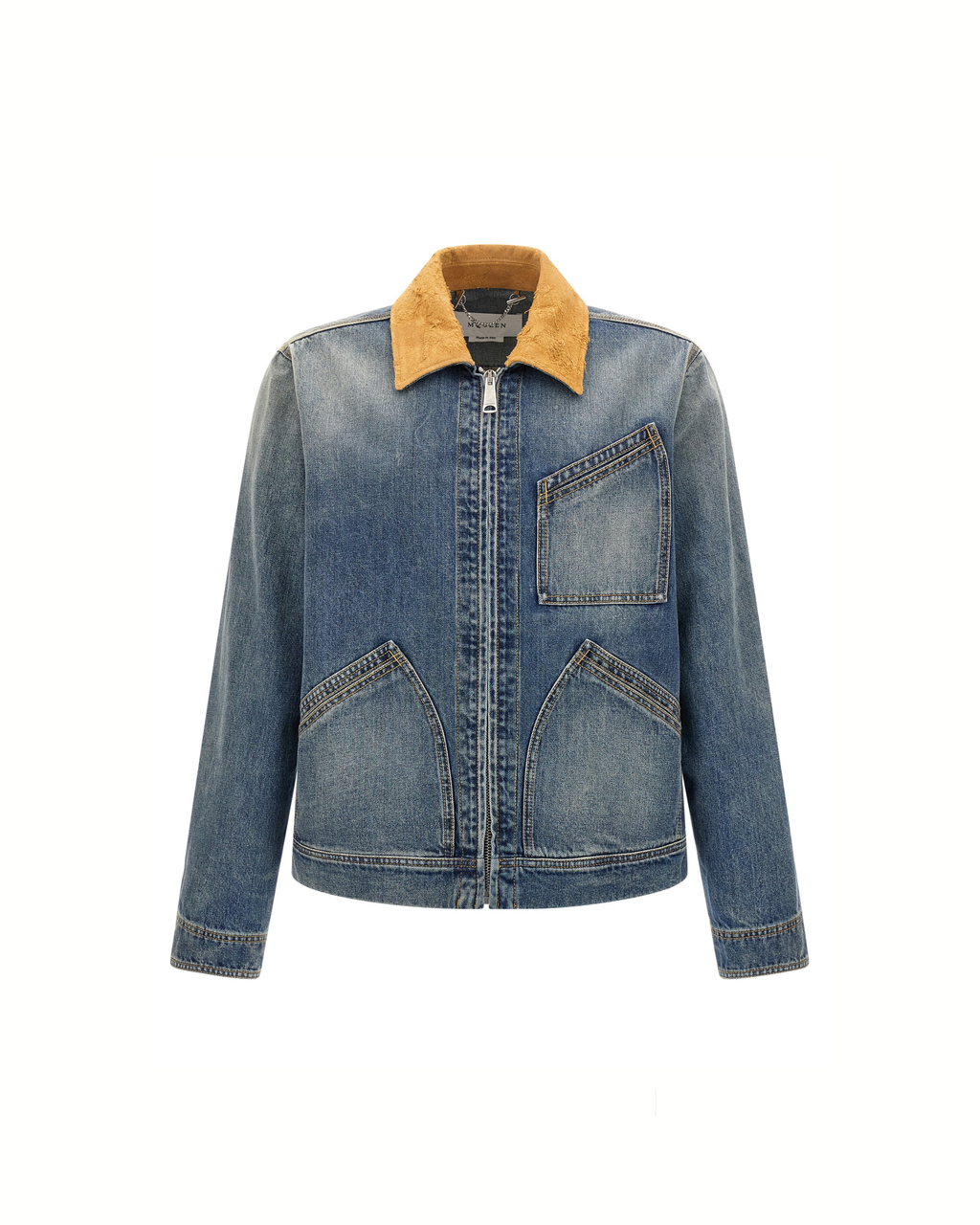 Alexander McQueen Stonewashed Denim Jacket with Suede Collar