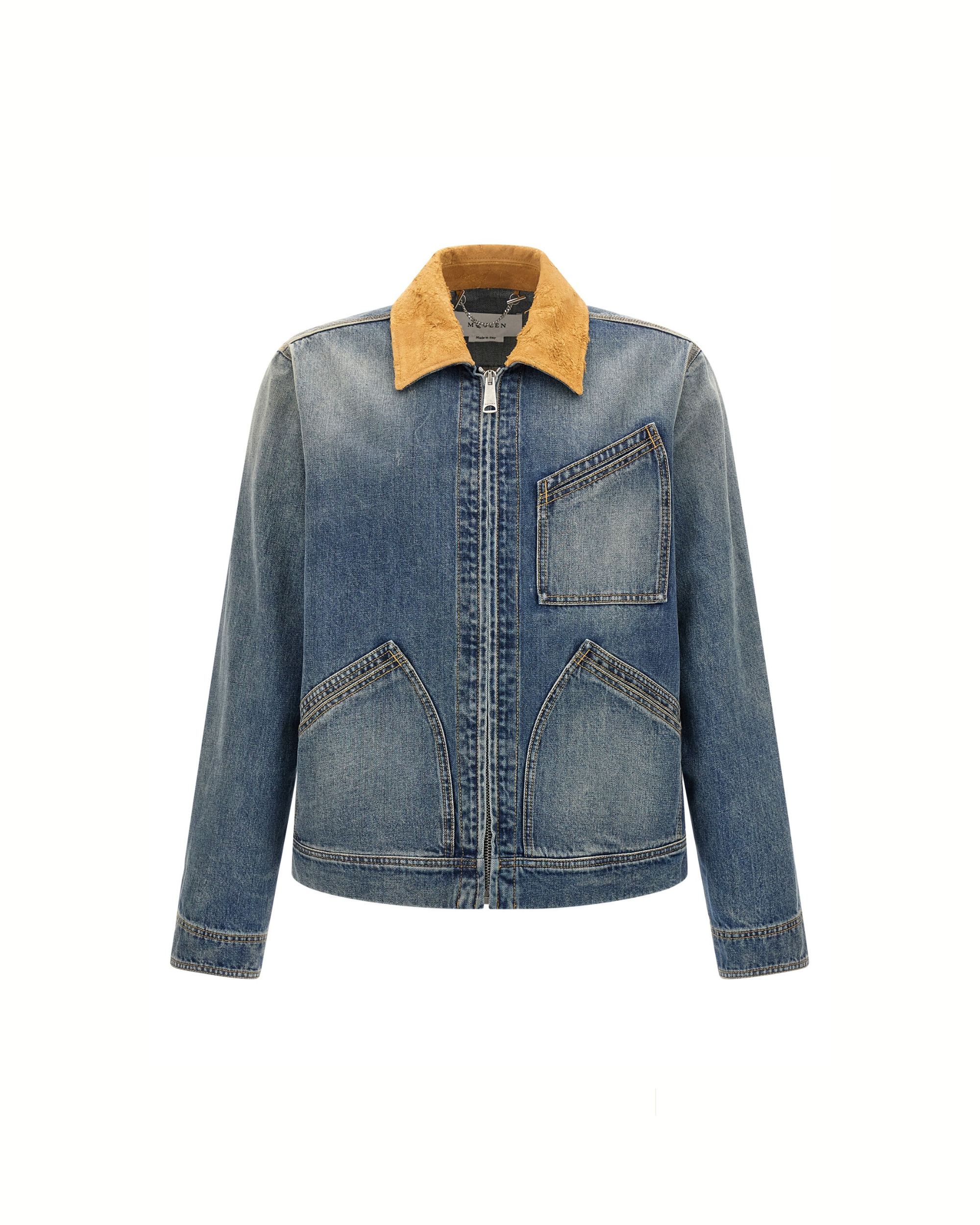 Alexander McQueen Stonewashed Denim Jacket with Suede Collar