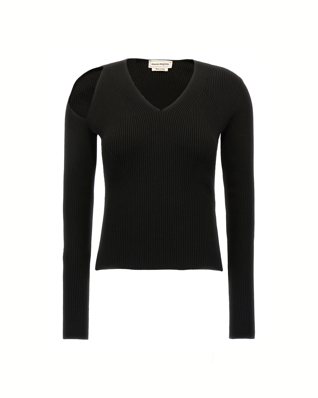 Alexander McQueen Maglia Nera in Lana a Coste con Cut-Out sulla Spalla