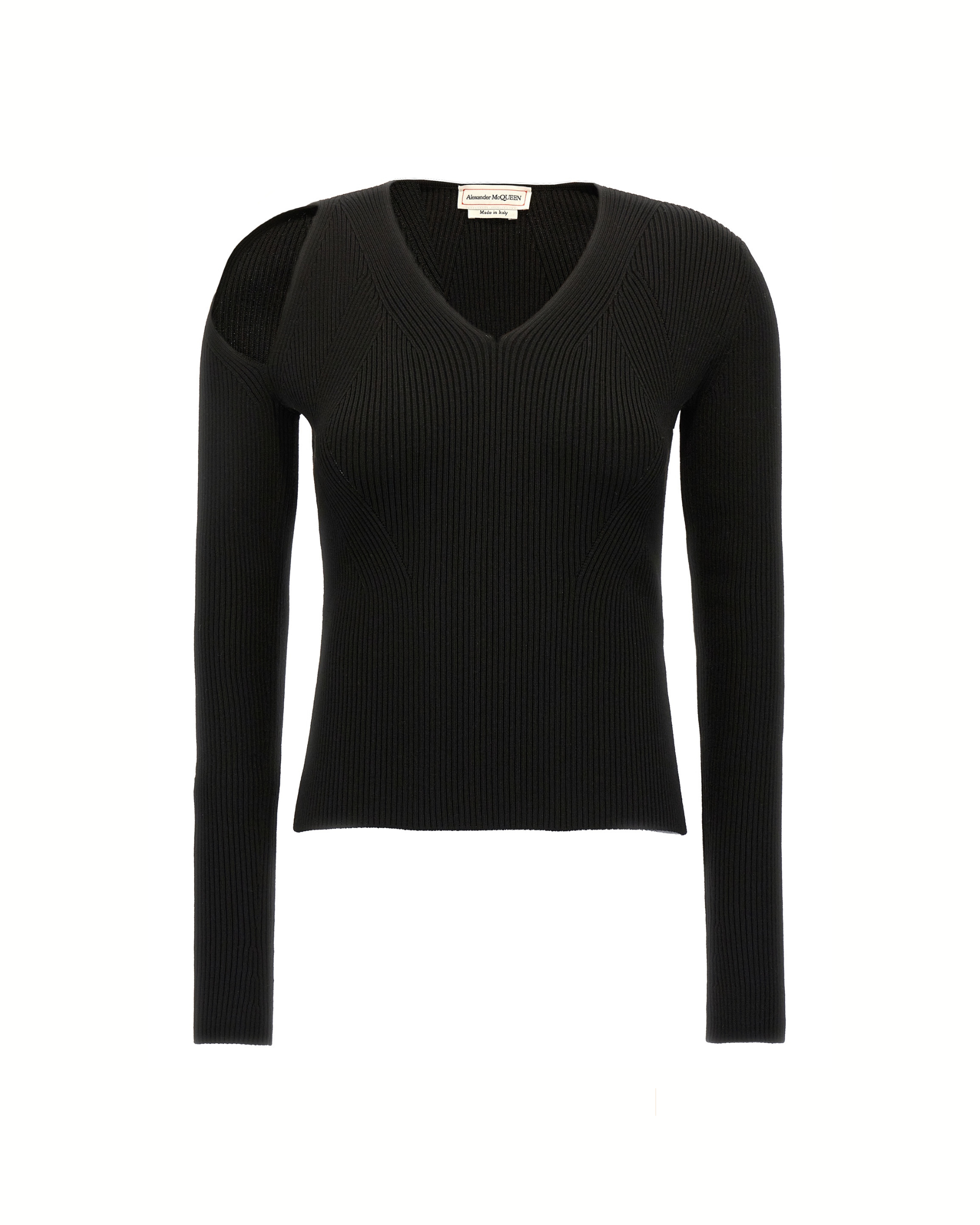 Alexander McQueen Maglia Nera in Lana a Coste con Cut-Out sulla Spalla