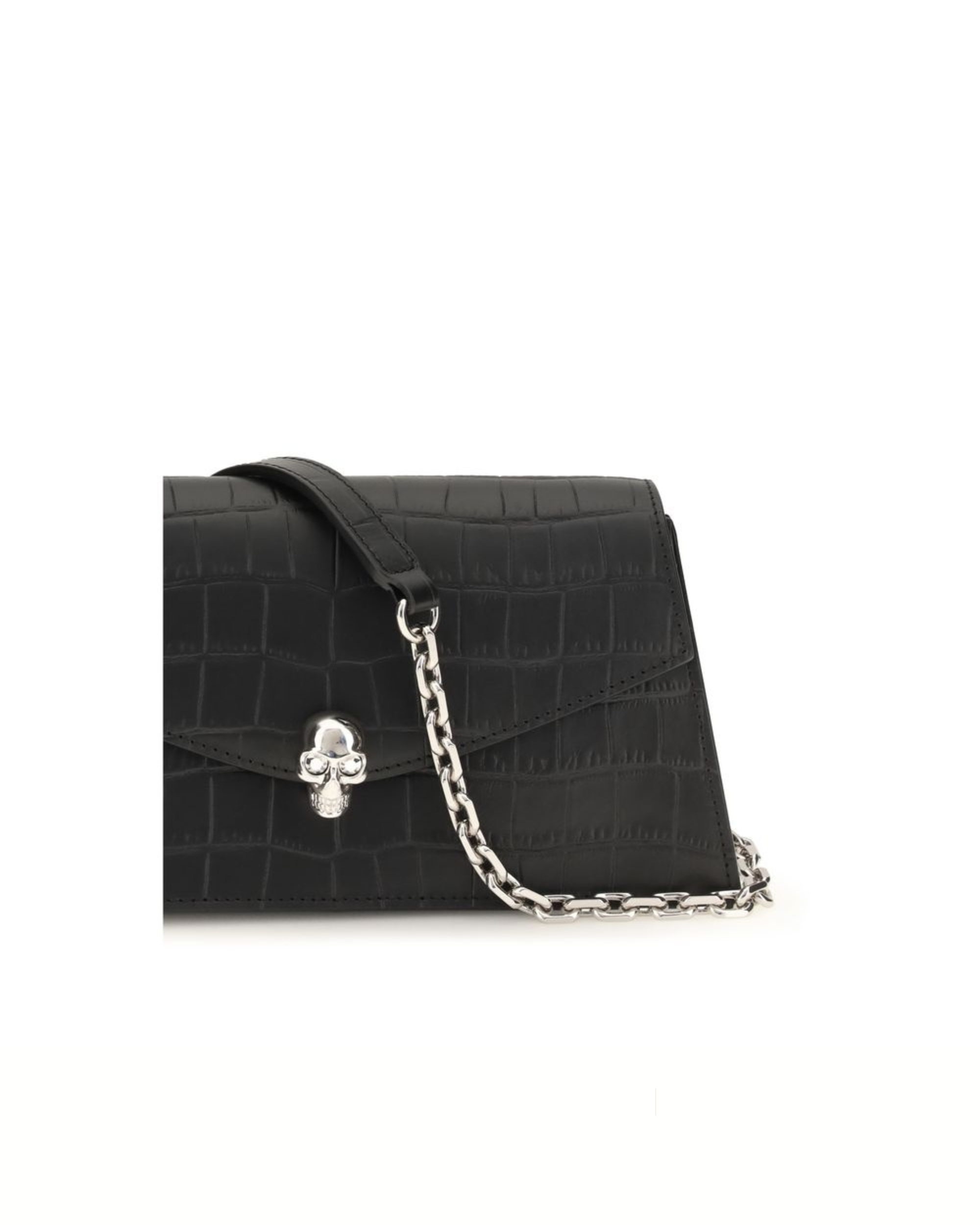 Alexander McQueen Mini Skull Clutch Nera in Pelle Stampa Coccodrillo