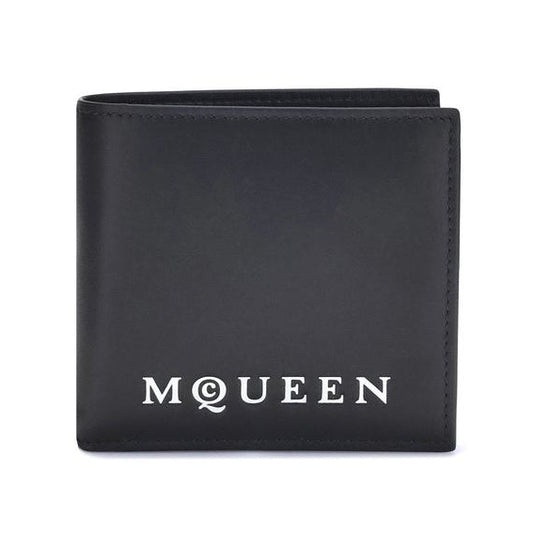 Alexander McQueen – Portafoglio Bifold in Pelle Nera con Logo Bianco Signature