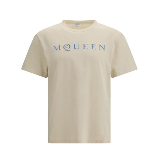 Alexander McQueen – T-Shirt Beige in Cotone Premium con Logo McQueen Azzurro Pastello