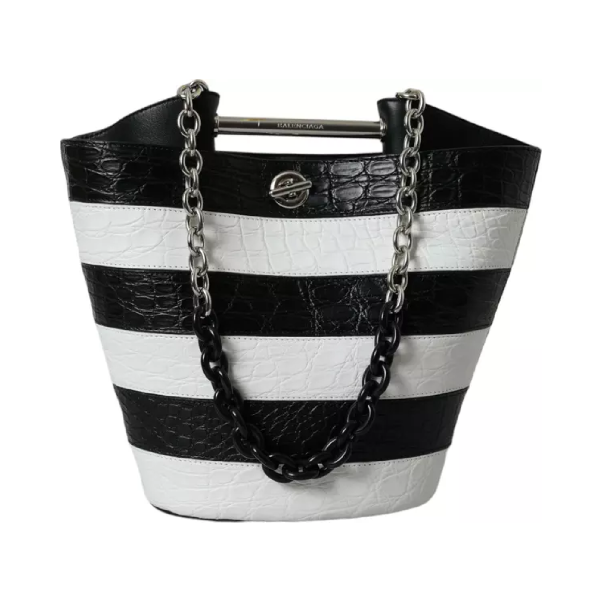 Balenciaga - Black White Striped Exotic Skin Leather Maxi Bucket Tote Bag