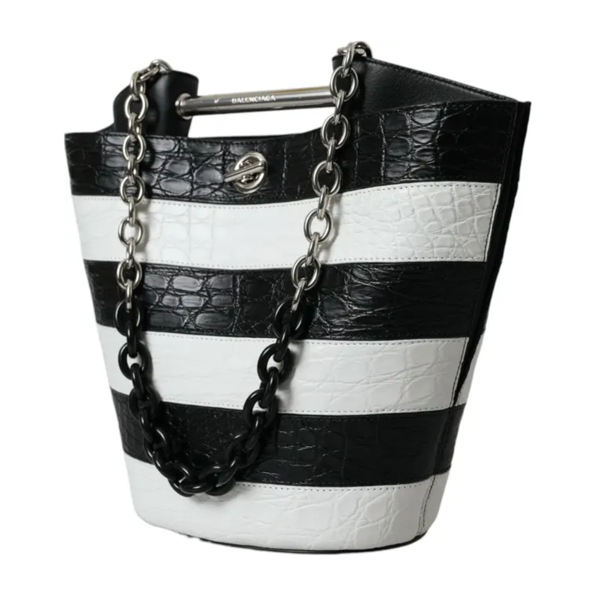 Balenciaga - Black White Striped Exotic Skin Leather Maxi Bucket Tote Bag