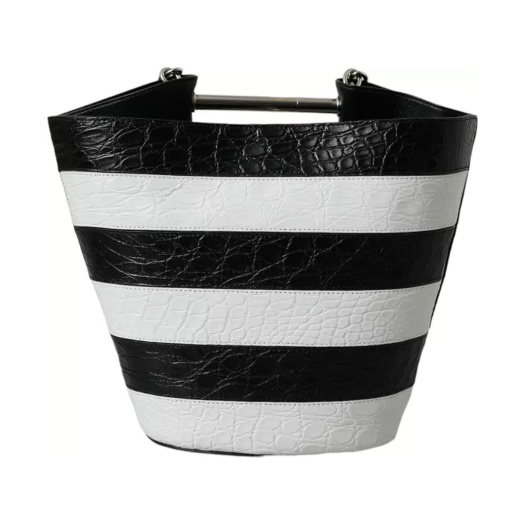 Balenciaga - Black White Striped Exotic Skin Leather Maxi Bucket Tote Bag