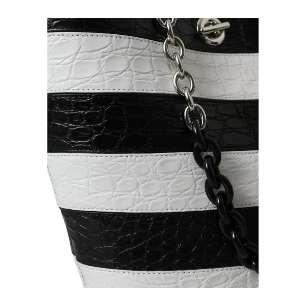 Balenciaga - Black White Striped Exotic Skin Leather Maxi Bucket Tote Bag