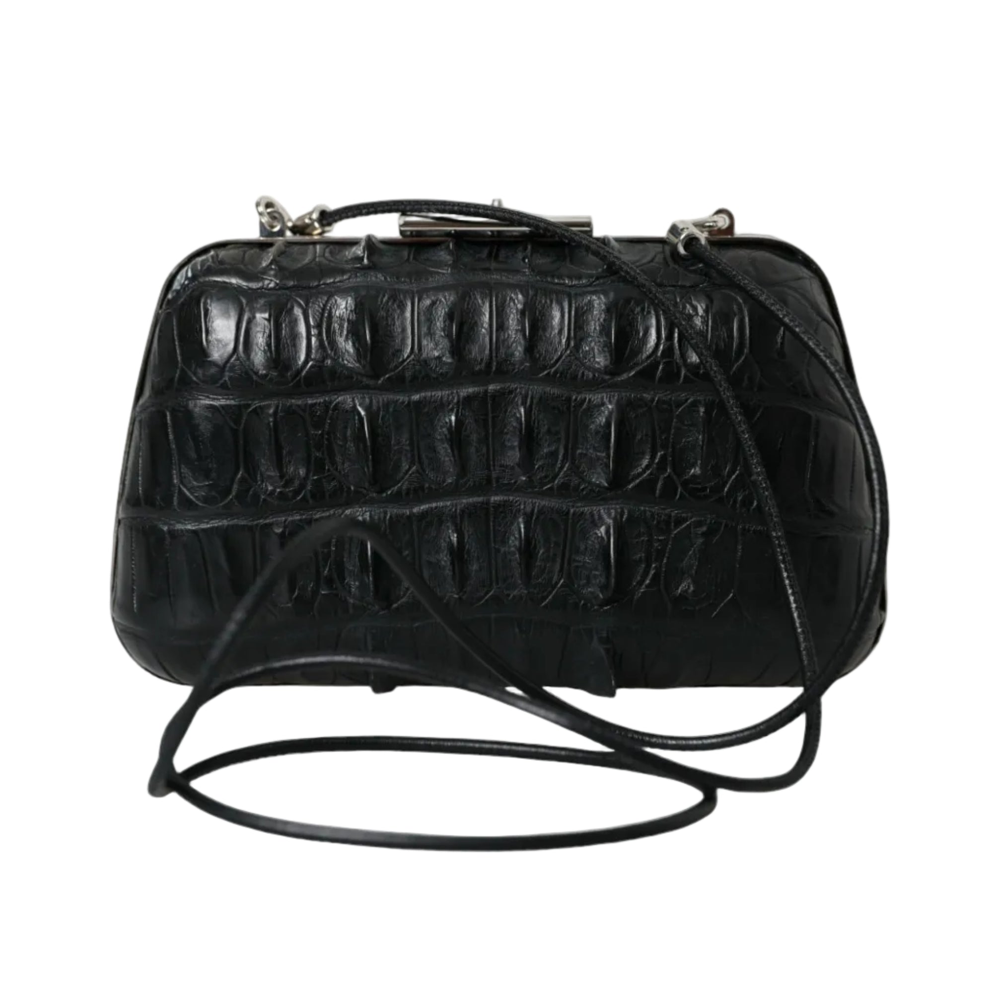 Balenciaga – Crocodile Skin Leather Evening Clutch Bag Black