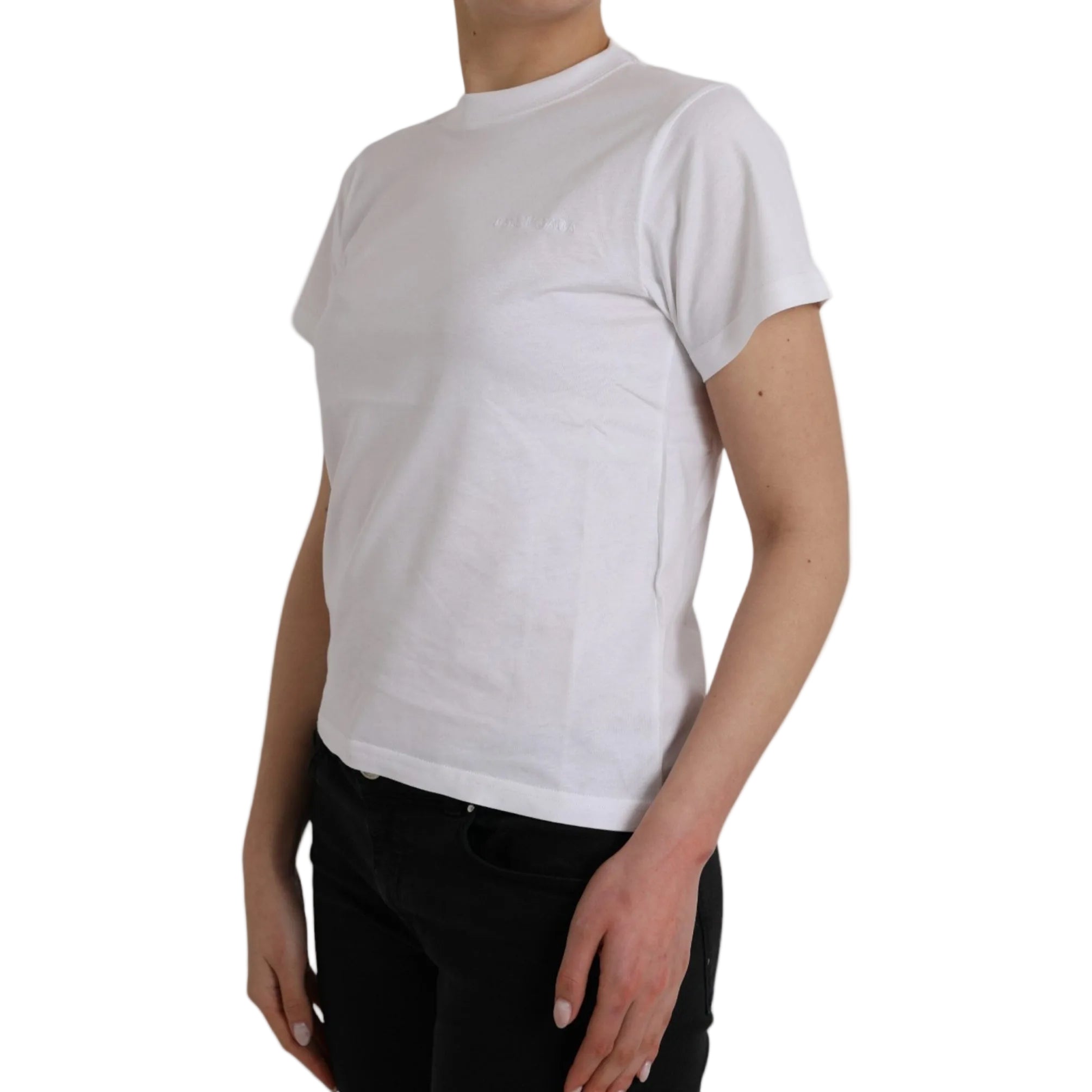 Balenciaga – T-Shirt Donna in Cotone Bianco con Logo Ricamato Tone-on-Tone