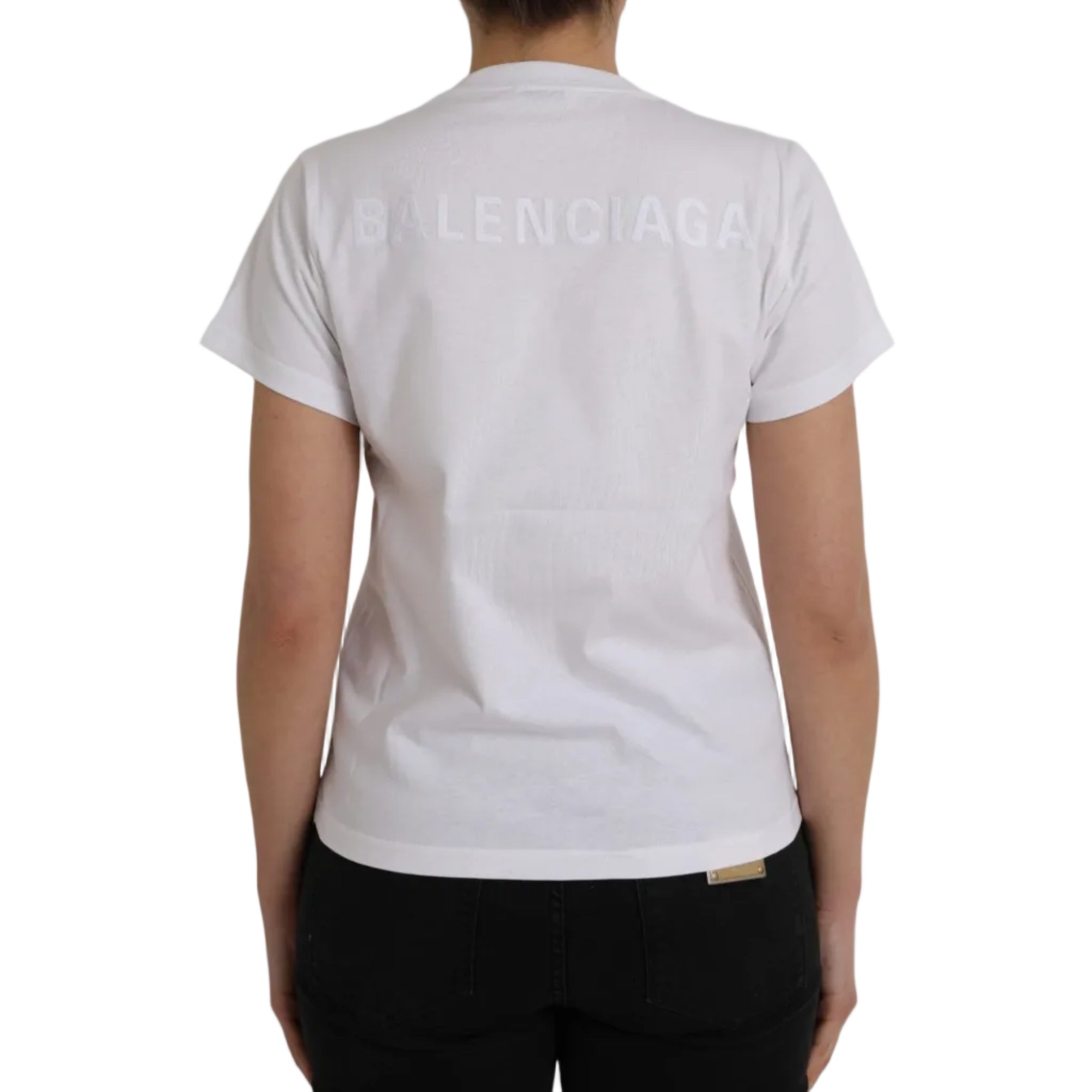 Balenciaga – T-Shirt Donna in Cotone Bianco con Logo Ricamato Tone-on-Tone