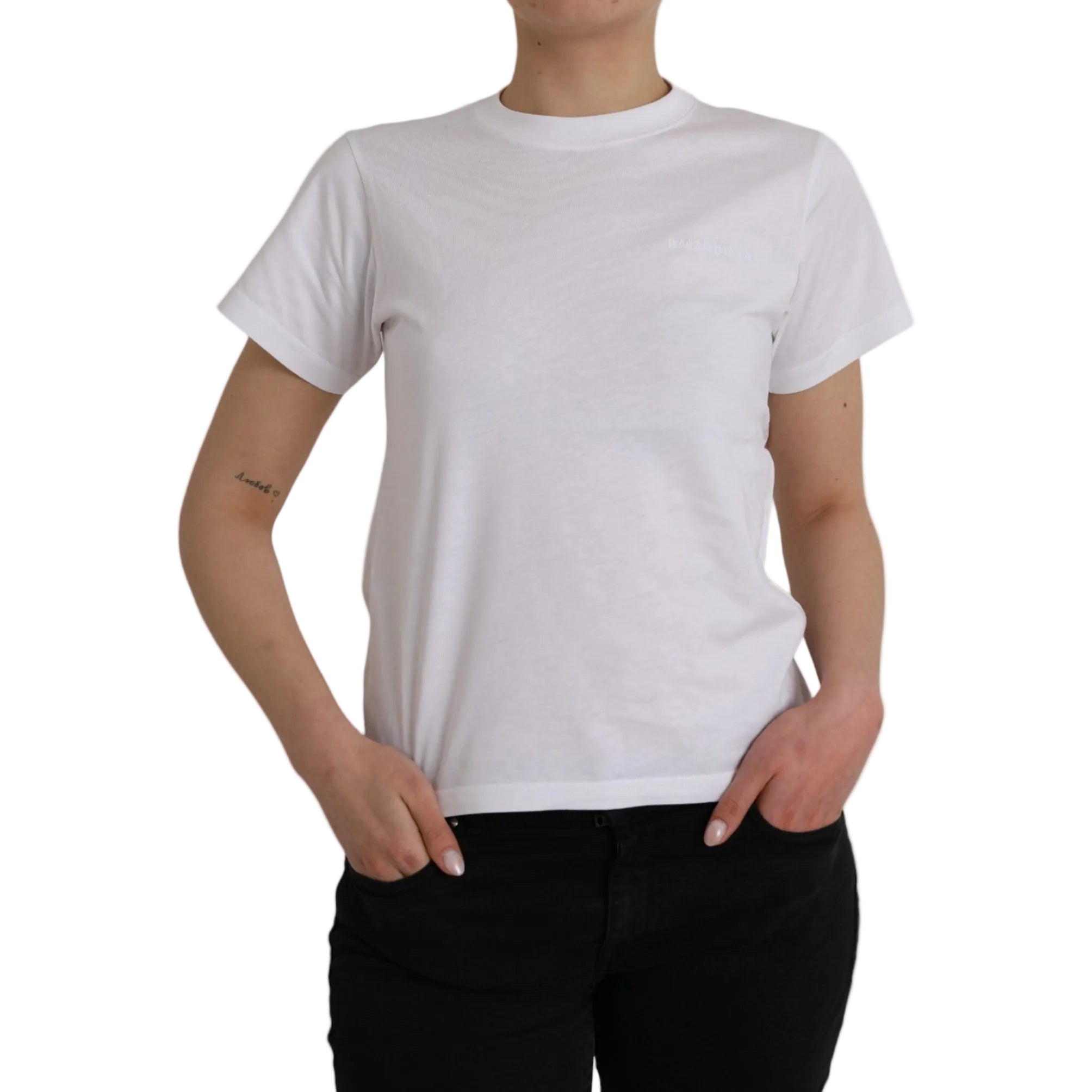 Balenciaga – T-Shirt Donna in Cotone Bianco con Logo Ricamato Tone-on-Tone