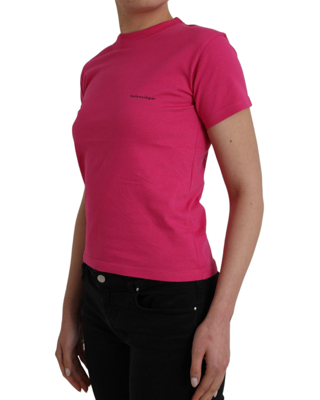 Balenciaga – T-Shirt Donna Fucsia in Cotone con Mini Logo Balenciaga