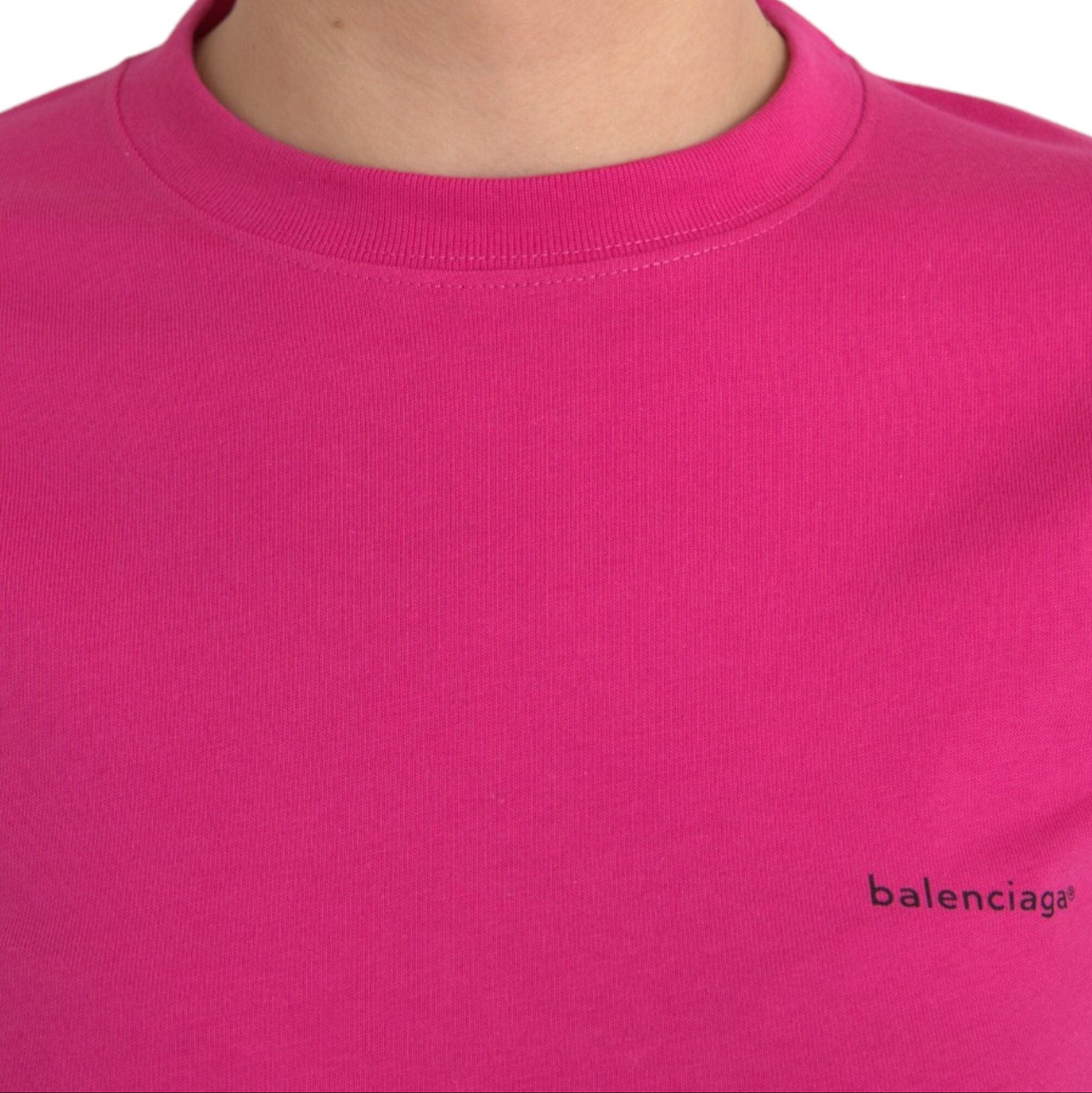 Balenciaga – T-Shirt Donna Fucsia in Cotone con Mini Logo Balenciaga