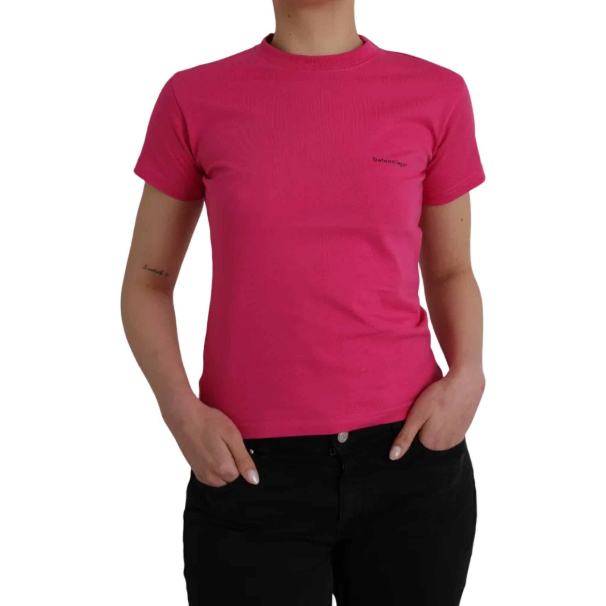 Balenciaga – T-Shirt Donna Fucsia in Cotone con Mini Logo Balenciaga
