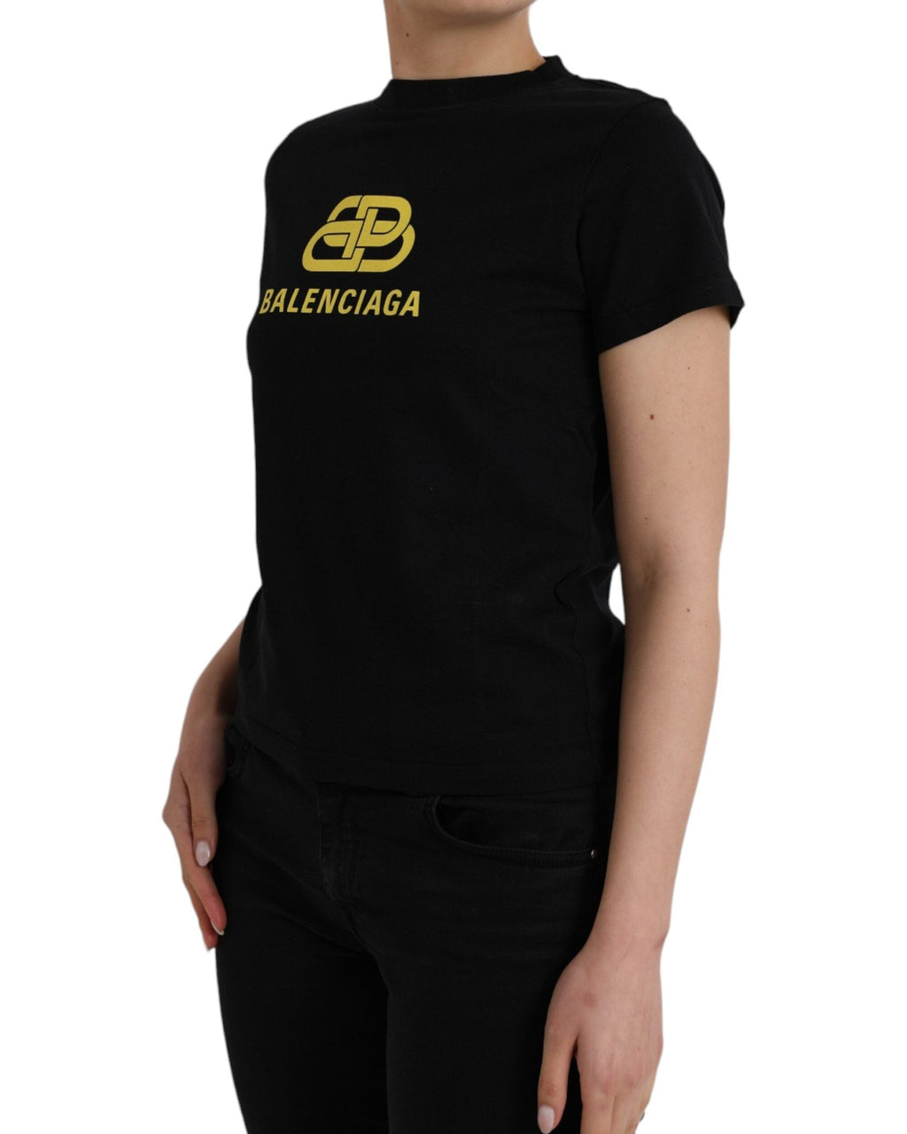 Balenciaga – T-Shirt Donna Nera in Cotone con Maxi Logo BB Giallo