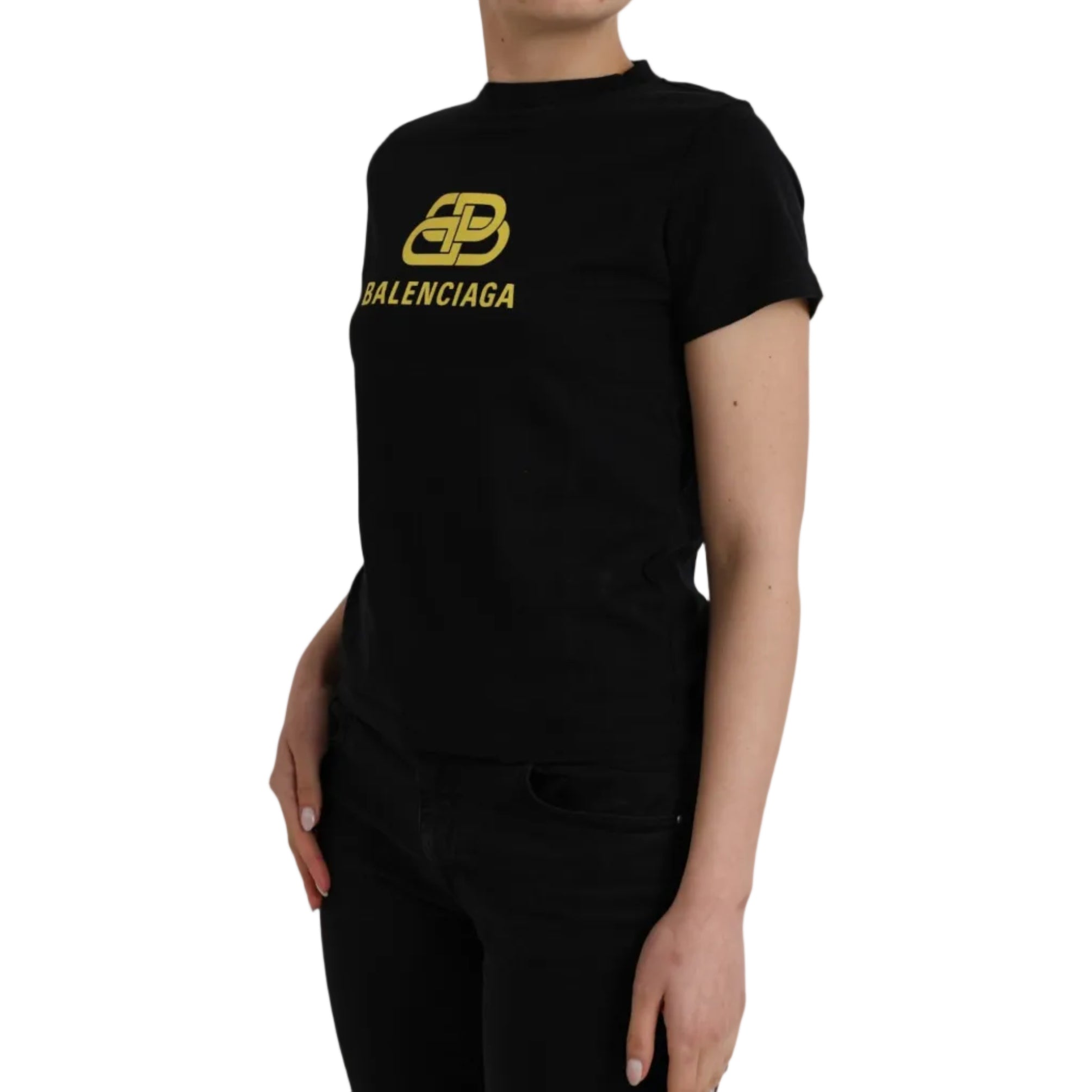 Balenciaga – T-Shirt Donna Nera in Cotone con Maxi Logo BB Giallo