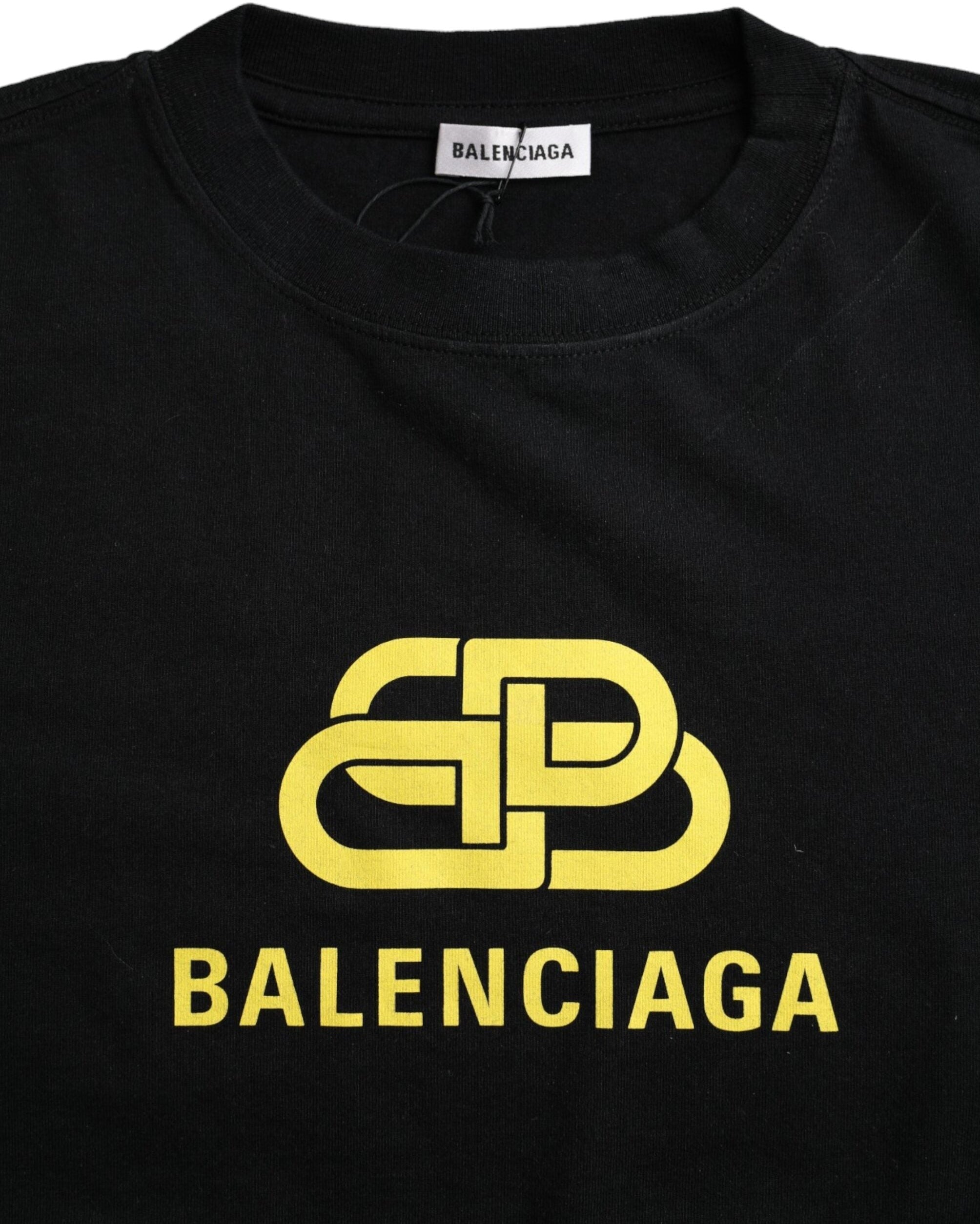 Balenciaga – T-Shirt Donna Nera in Cotone con Maxi Logo BB Giallo