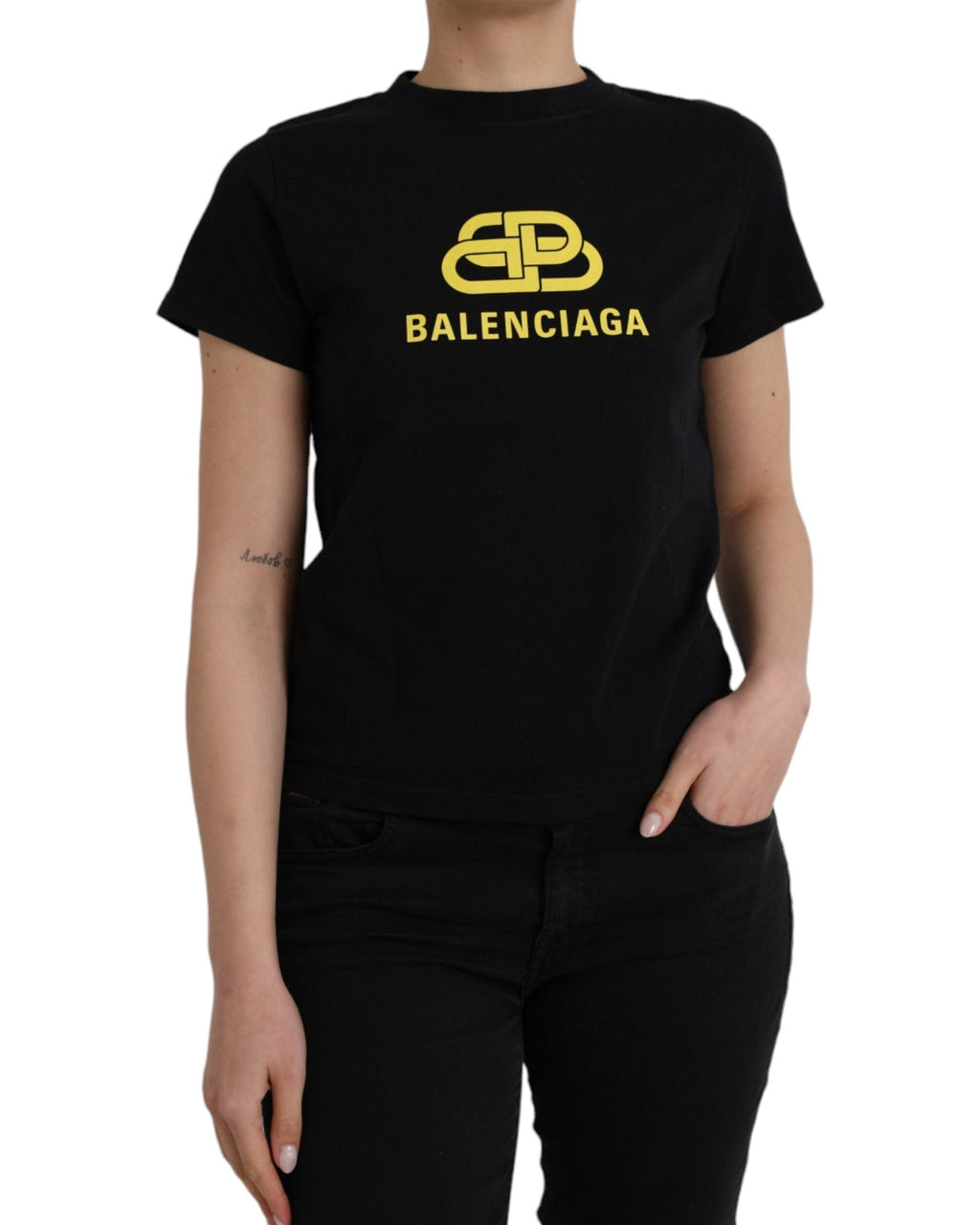 Balenciaga – T-Shirt Donna Nera in Cotone con Maxi Logo BB Giallo