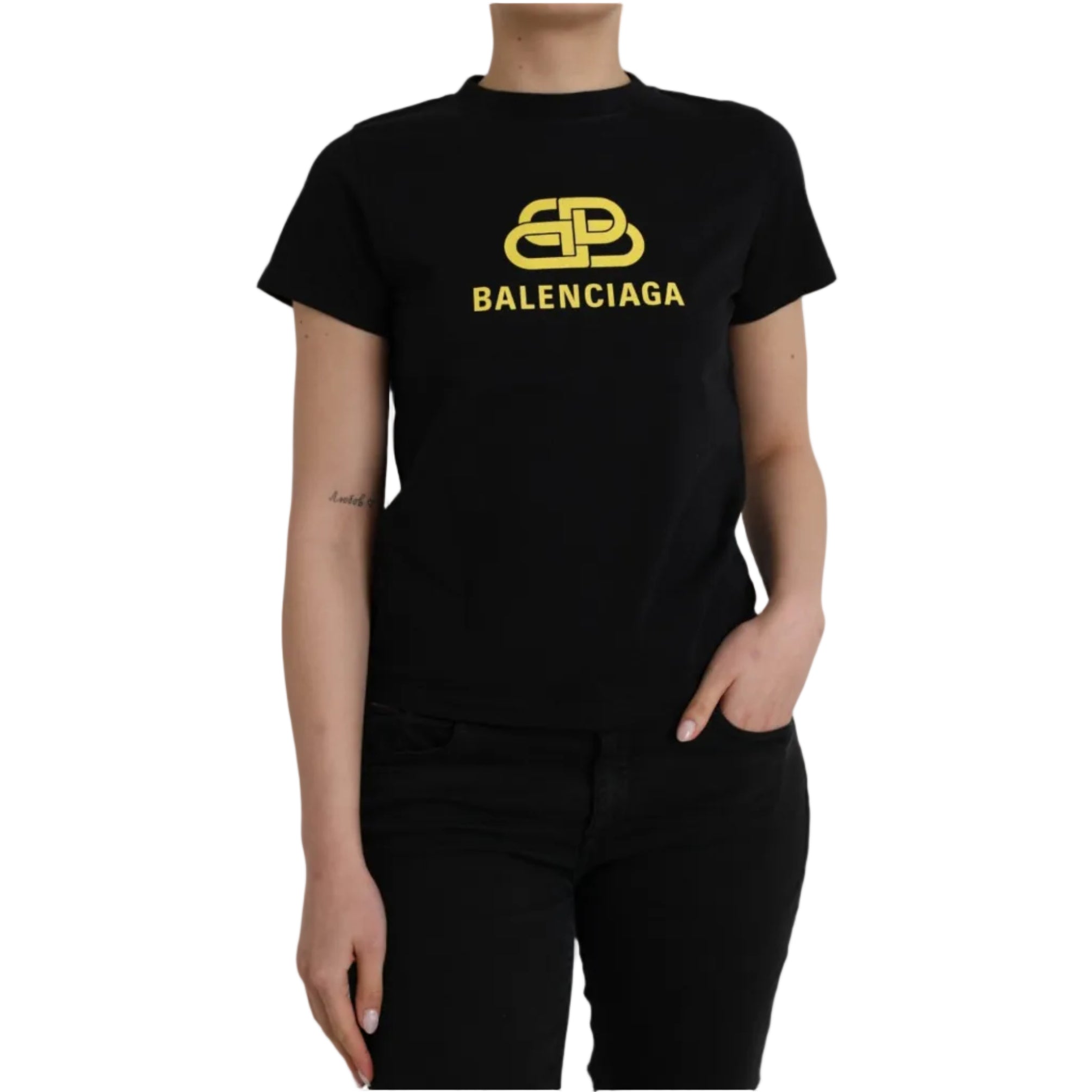 Balenciaga – T-Shirt Donna Nera in Cotone con Maxi Logo BB Giallo
