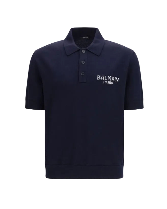 Balmain – Polo in Lana Merino con Logo Paris Ricamato