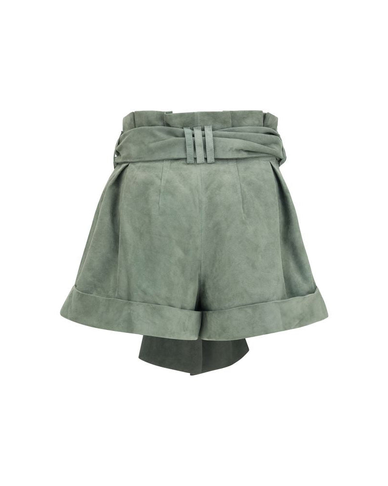 Balmain – Shorts Vita Alta in Suede Verde Salvia
