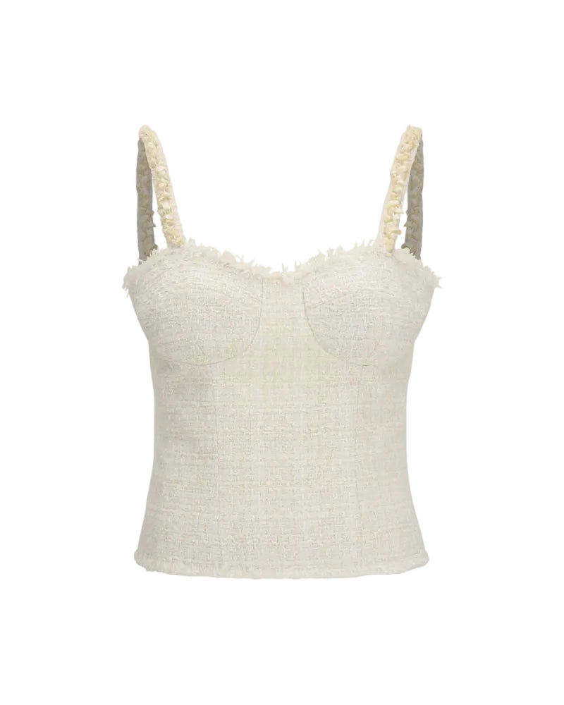 Balmain – Top in Tweed Avorio con Spalline Perlate