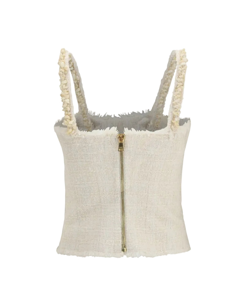 Balmain – Top in Tweed Avorio con Spalline Perlate