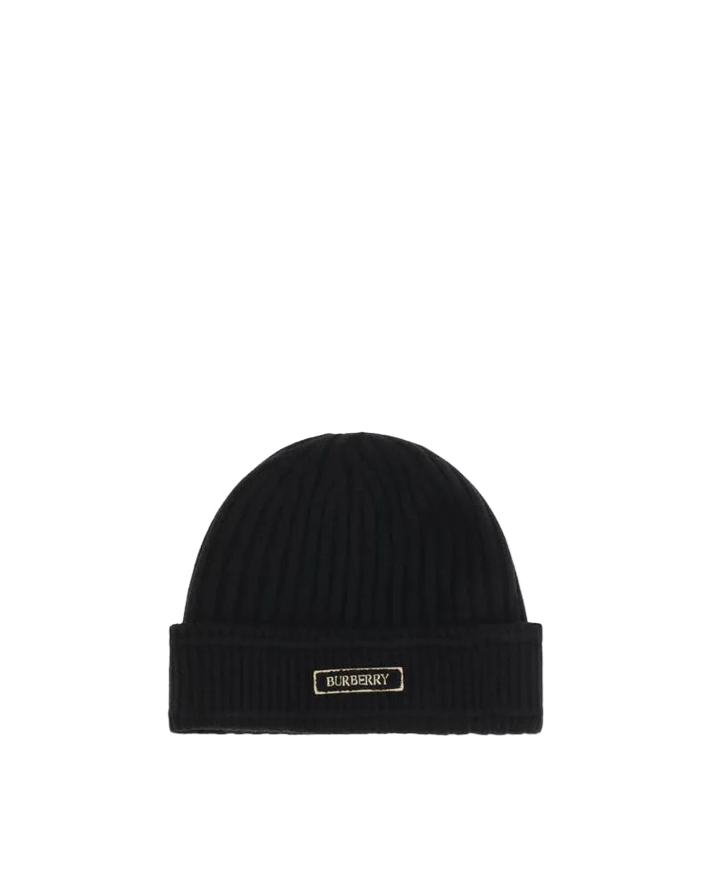 Burberry – Beanie in Lana Merino Nero con Logo Patch