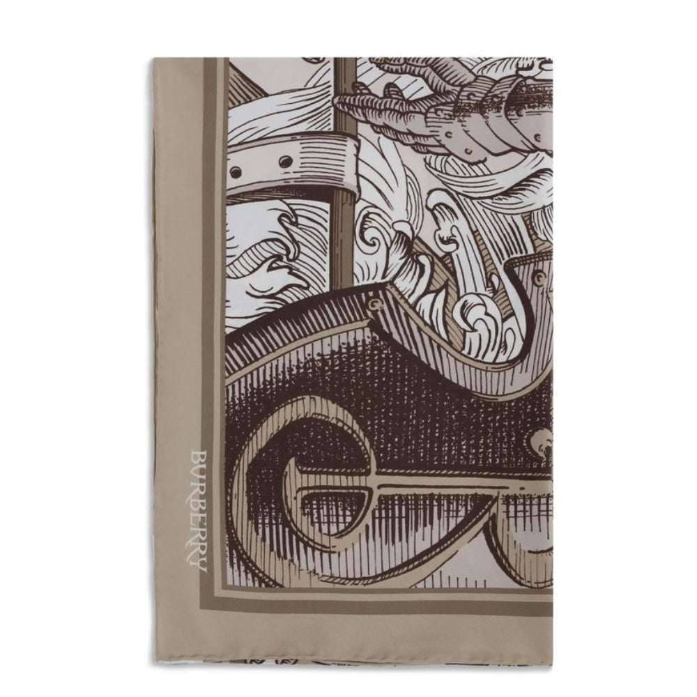 Burberry – Sciarpa Quadrata in Seta Beige con Stampa Mitologica "Mythical Creatures"