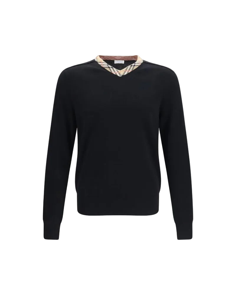 Burberry – Maglione in Lana Merino con Collo V e Dettaglio Check