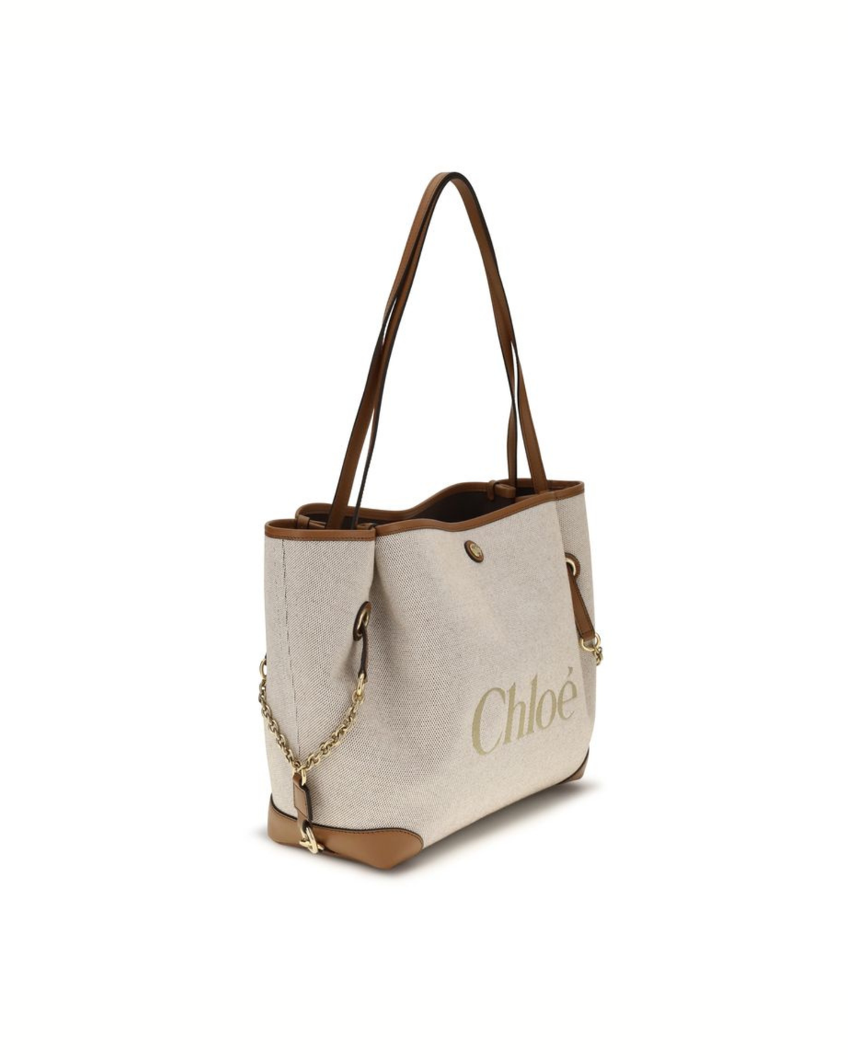 Chloé - Clover Tote Bag in Canvas Naturale e Pelle Marrone
