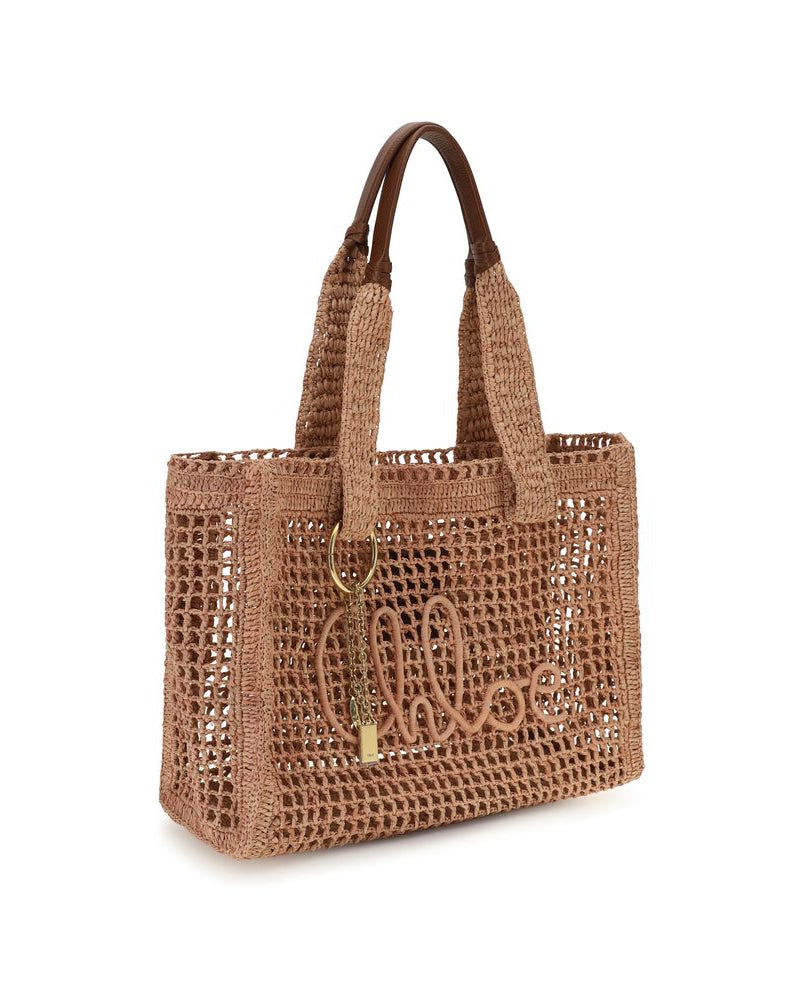 Chloé – East-West Summer Banana Tote Bag in Raffia Naturale con Logo Chloé