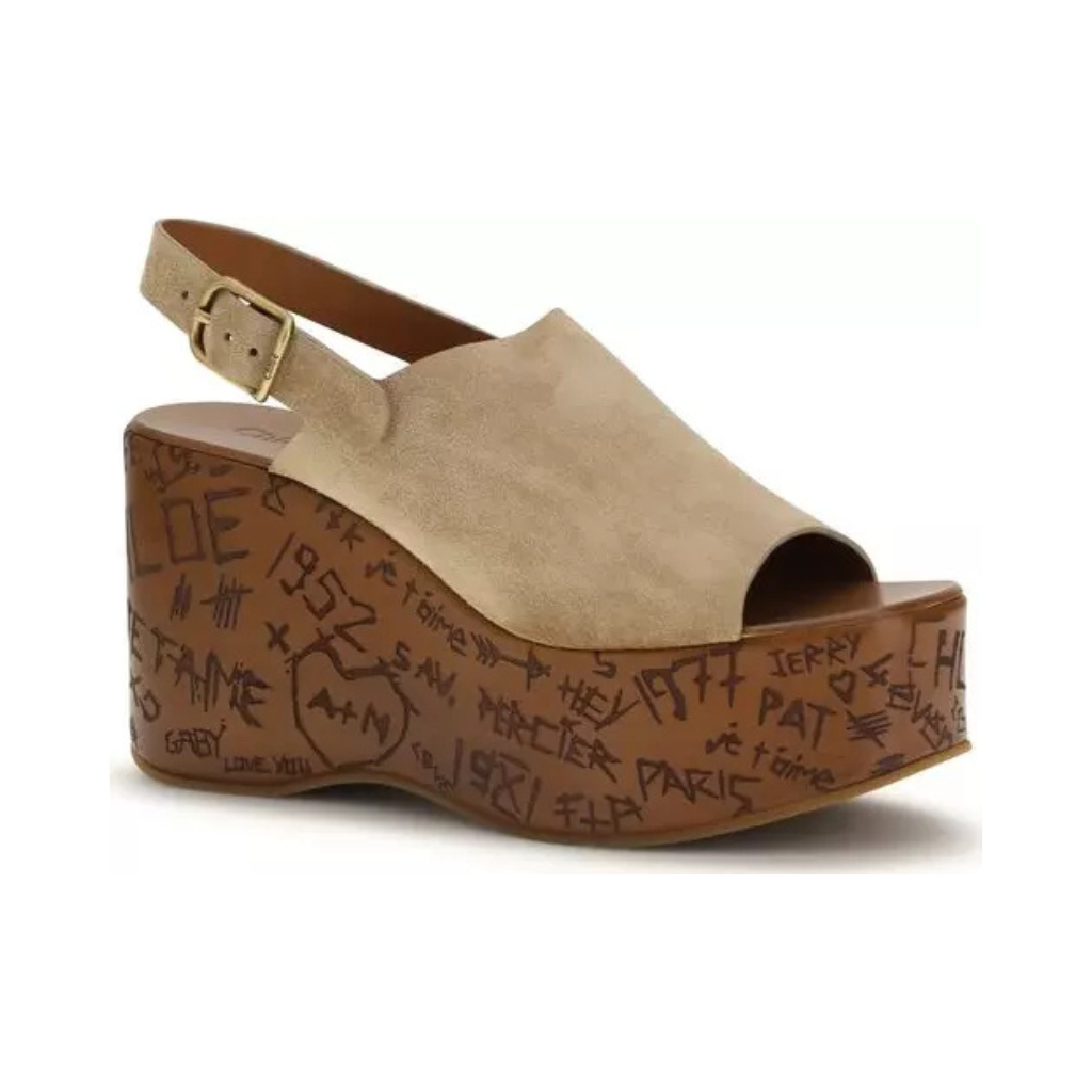 Chloé "The Maxime" Wedge Sandals - Beige Suede with Laser-Cut Graphics
