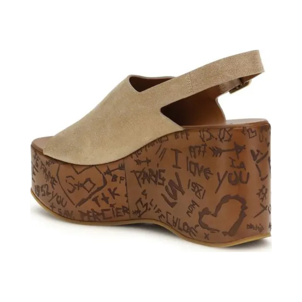 Chloé "The Maxime" Wedge Sandals - Beige Suede with Laser-Cut Graphics