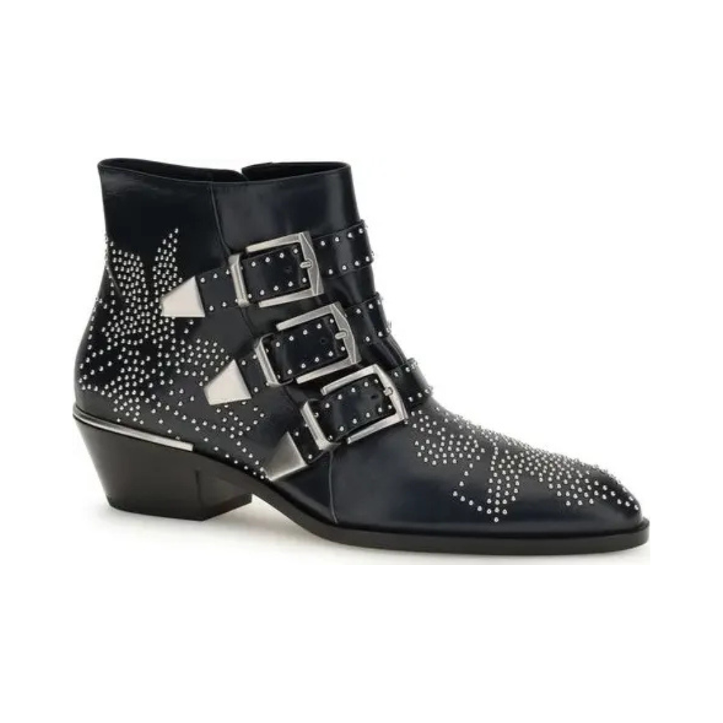 Chloé "The Susan" Studded Ankle Boots - Black Leather with Silver Hardware